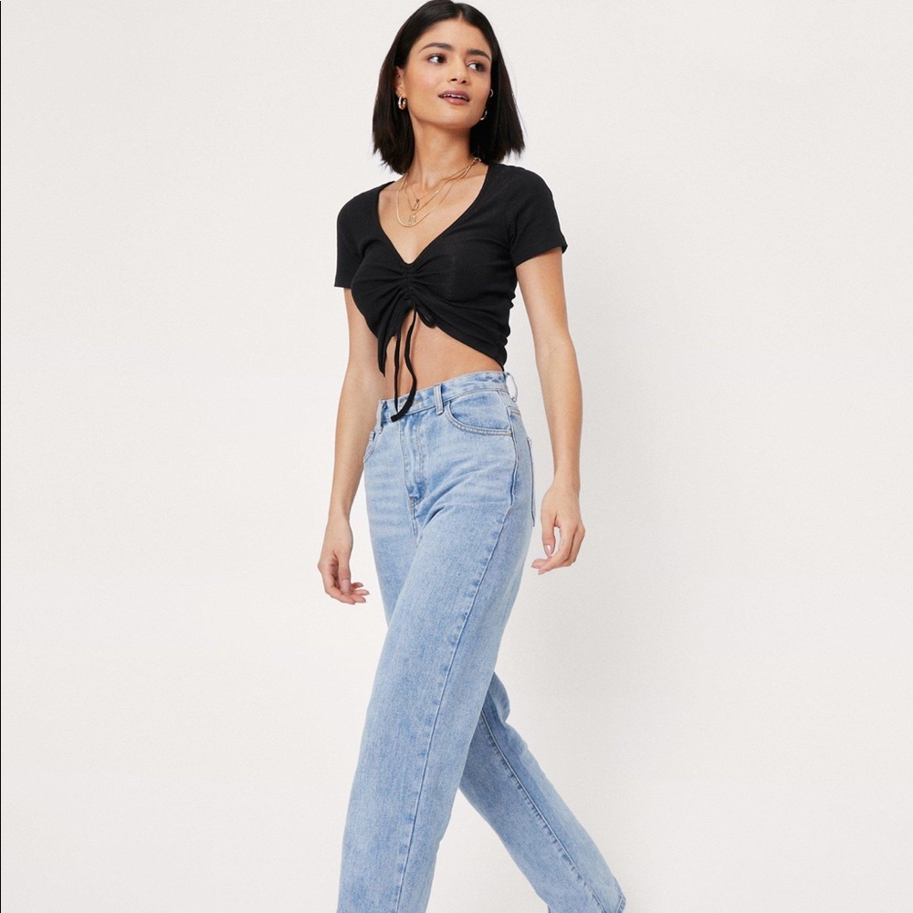 Nasty Gal ruched short sleeve v neck crop top